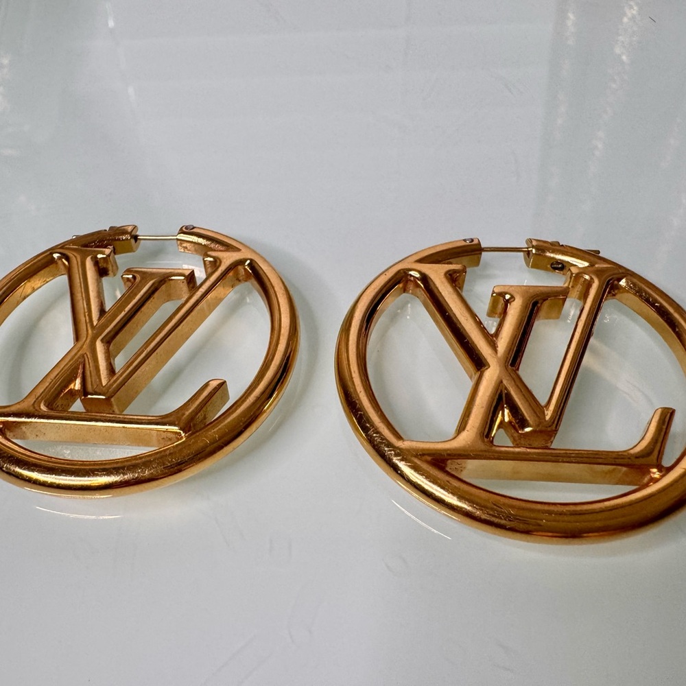 Authentic Louis Vuitton Gold Logo Hoop Earrings